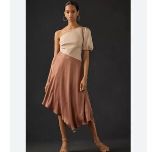 BY ANTHROPOLOGIE FAUX LEATHER ONE-SHOULDER ASYMMETRICAL MIDI DRESS